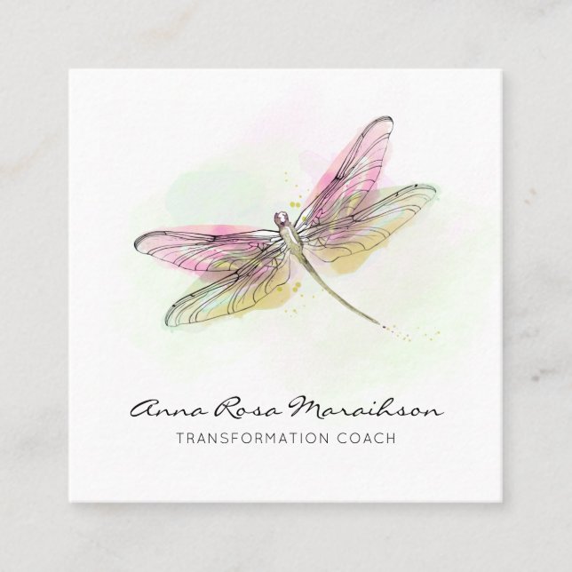 Carte De Visite Carré *~* Pastel Aquarelle Mint Dragonfly Rose  (Devant)