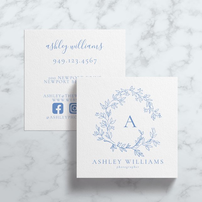 Carte De Visite Carré Pastel Blue Monogram Floral Crest Professional (Créateur téléchargé)