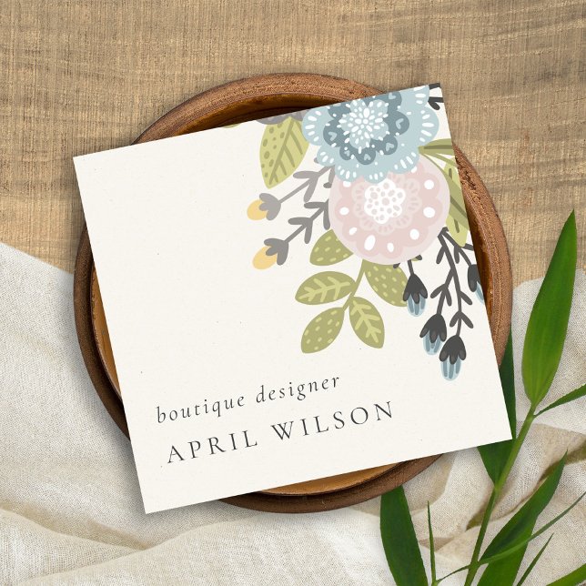 Carte De Visite Carré Pastel Boho Blush Blue Green Leafal Floral QR Code (Créateur téléchargé)
