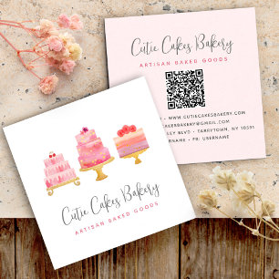 Carte De Visite Carré Pâtisserie 3 Gâteaux Rose Pâle Code QR Pâtissier M