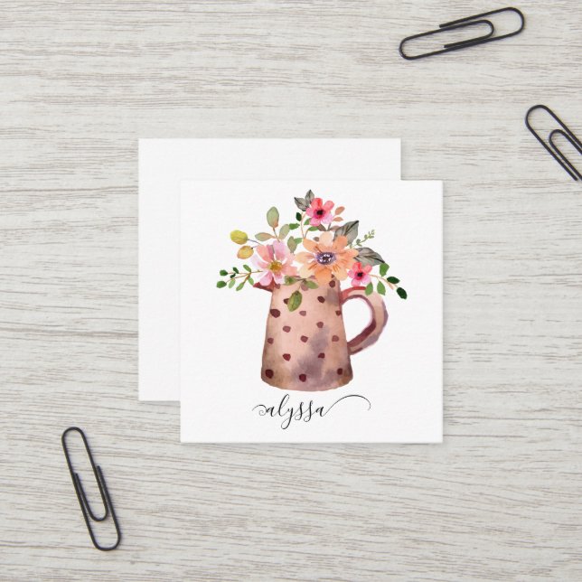 Carte De Visite Carré Pêche rustique et aquarelle mauve Florale (Devant/Arrière en situation)