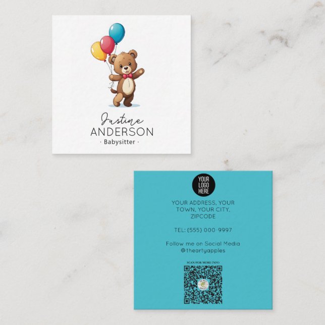Carte De Visite Carré Petit ours Teddy tenant des ballons babysitter (Devant / Derrière)