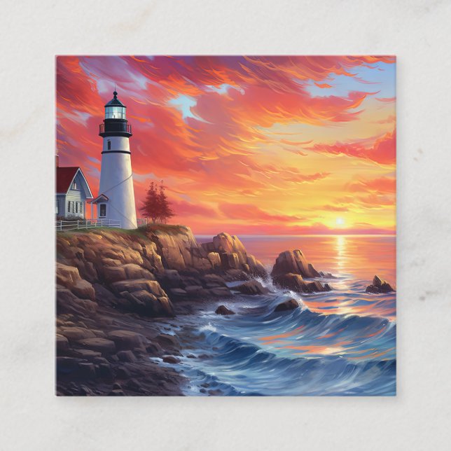 Carte De Visite Carré Phare côtier au coucher du soleil (Devant)