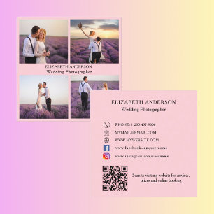 Carte De Visite Carré Photo Collage rose QR Code Social Media