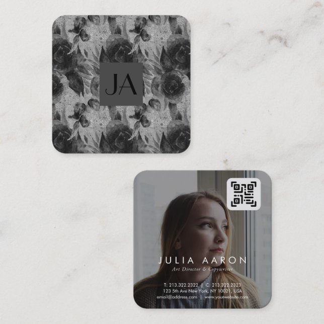 Carte De Visite Carré Photo florale noir et blanc professionnel Code QR (Devant / Derrière)