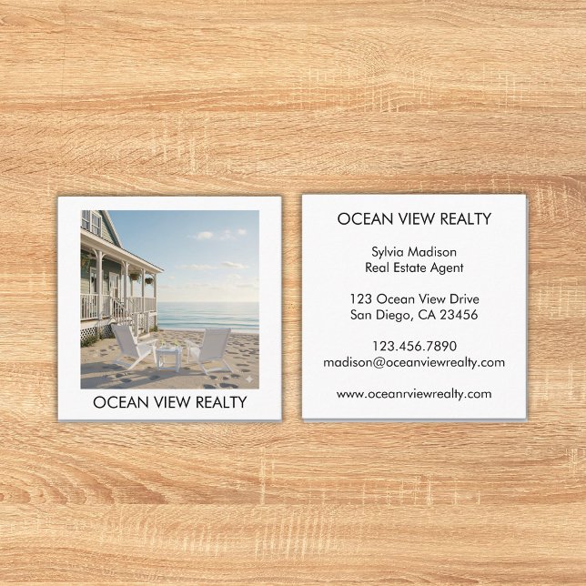 Carte De Visite Carré Photo personnalisée Ocean View Immo (Custom Ocean View Photo Realty Square Business Card)