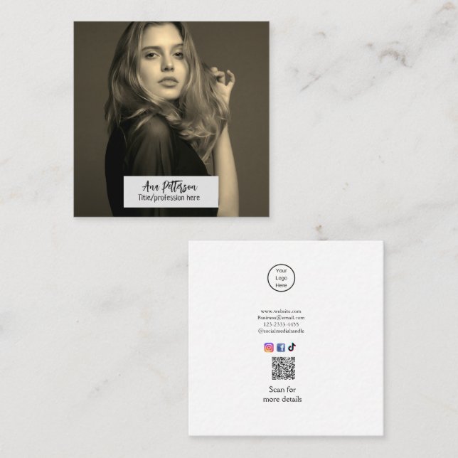 Carte De Visite Carré photo professionnelle QR site email social moderne (Devant / Derrière)