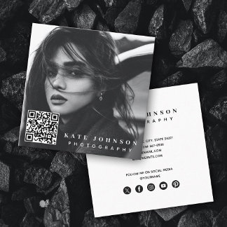 Carte De Visite Carré Photo simple moderne Code QR Médias sociaux