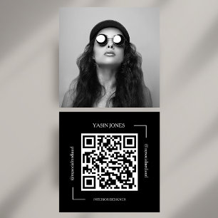 Carte De Visite Carré Photo sociale QR Code noir et blanc gras