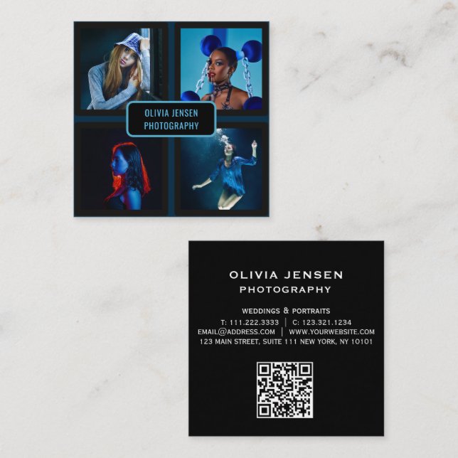 Carte De Visite Carré Photographe 4 Photos QR Code Médias sociaux (Devant / Derrière)