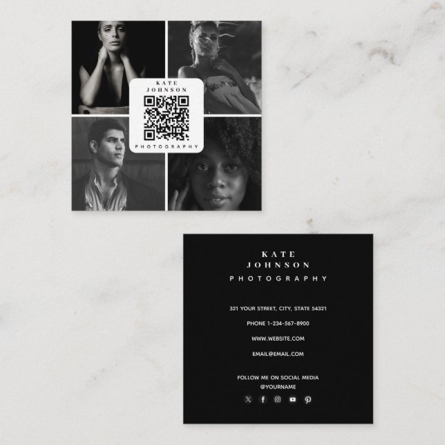 Carte De Visite Carré Photographe noir et blanc 4 Photos QR Code (Devant / Derrière)