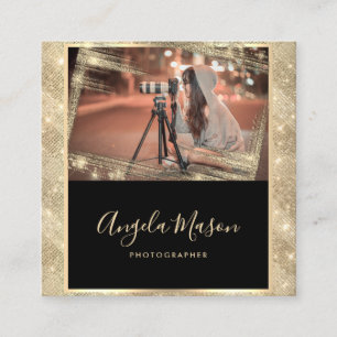 Carte De Visite Carré Photographe Photo QR Code Black Gold Unique