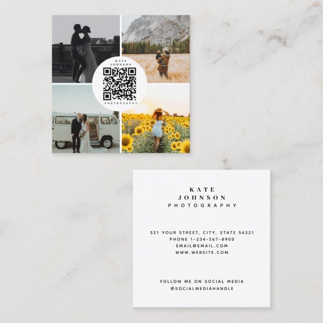 Carte De Visite Carré Photographe Photos QR Code Social Media (Devant / Derrière)