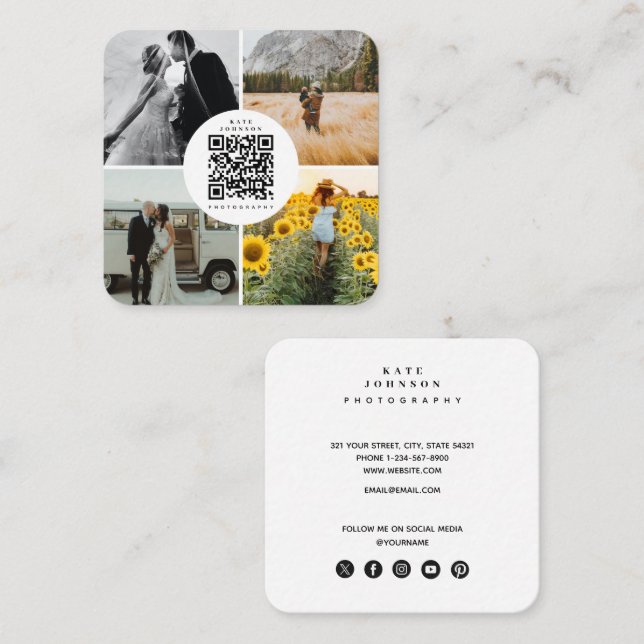Carte De Visite Carré Photographe Photos QR Code Social Media Icons (Devant / Derrière)