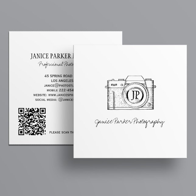 Carte De Visite Carré Photographe professionnel code QR noir et blanc (Créateur téléchargé)