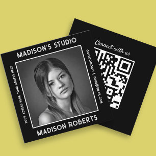 Carte De Visite Carré Photographe QR code personnalisé photo noir chic