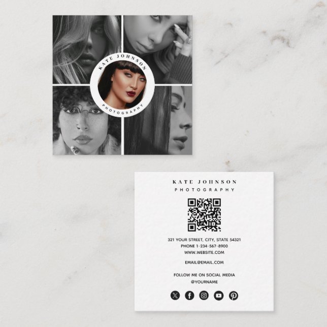 Carte De Visite Carré Photographe QR Code Social Media Icônes Photos (Devant / Derrière)