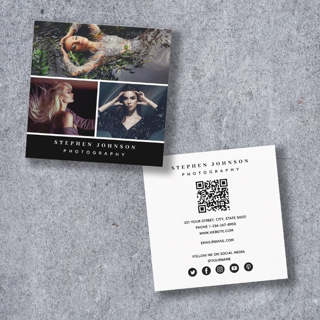 Carte De Visite Carré Photographe tendance 3 Photos QR Code Social Media (Créateur téléchargé)