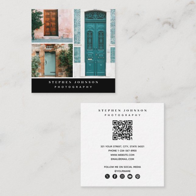 Carte De Visite Carré Photographie 3 Photos QR Code Social Media Icons (Devant / Derrière)
