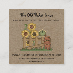 Carte De Visite Carré Picket rustique Picket Fleur de soleil Kraft