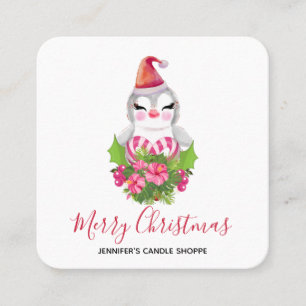 Carte De Visite Carré Pingouin de Noël mignon à Santa Hat