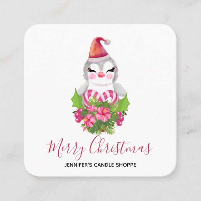 Carte De Visite Carré Pingouin de Noël mignon à Santa Hat (Devant)