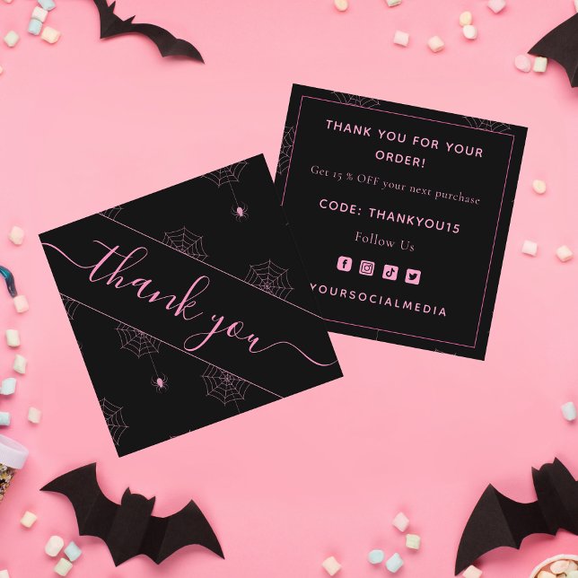 Carte De Visite Carré Pink & Black Éffrayant Spider Web Halloween Merci (Créateur téléchargé)