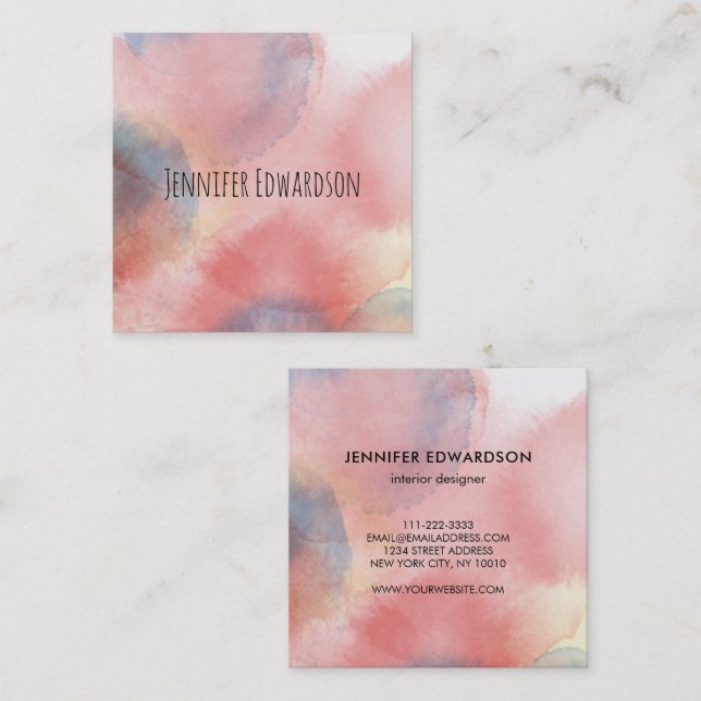Carte De Visite Carré Pink blue watercolor splatter square business card (Devant / Derrière)
