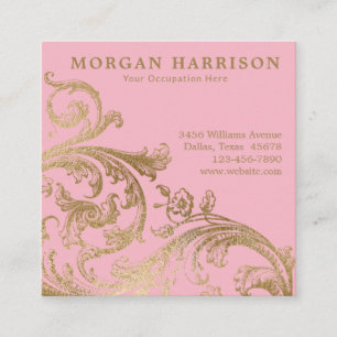 Carte De Visite Carré Pink Gold Damask Baroque Swirl