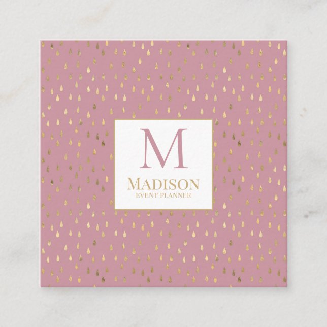 Carte De Visite Carré Pink Gold Raindrop Moderne Monogramme tendance (Devant)