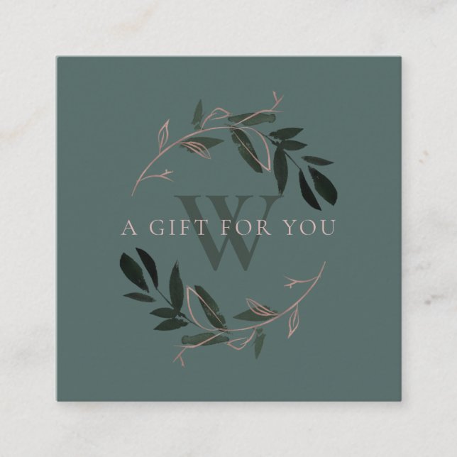 CARTE DE VISITE CARRÉ PINK GREEN FOLIAGE INITIAL WREATH CADEAU CERTIFICA (Devant)