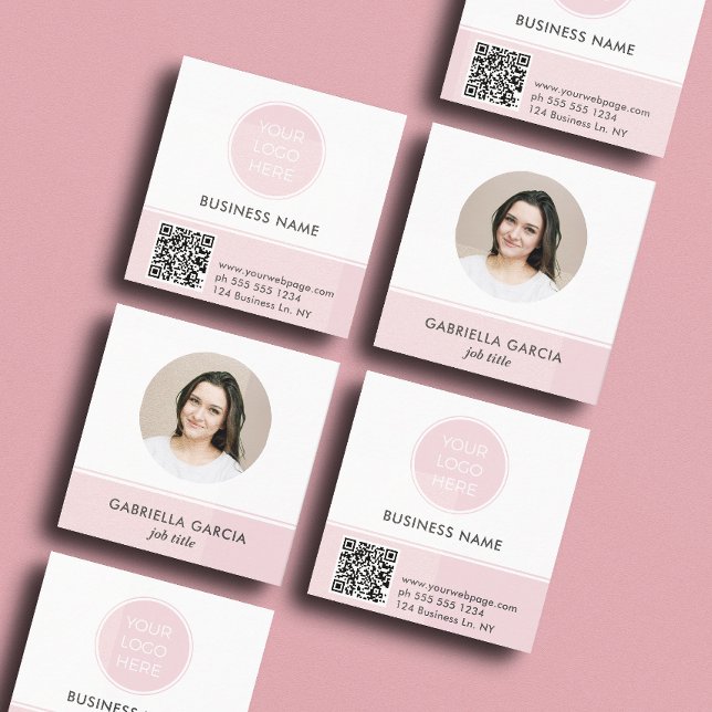 Carte De Visite Carré Pink Logo QR Code Photo Square Business Card ( Front and back of a square 2.5 inch. pink business card. Choose a corner and paper style.)