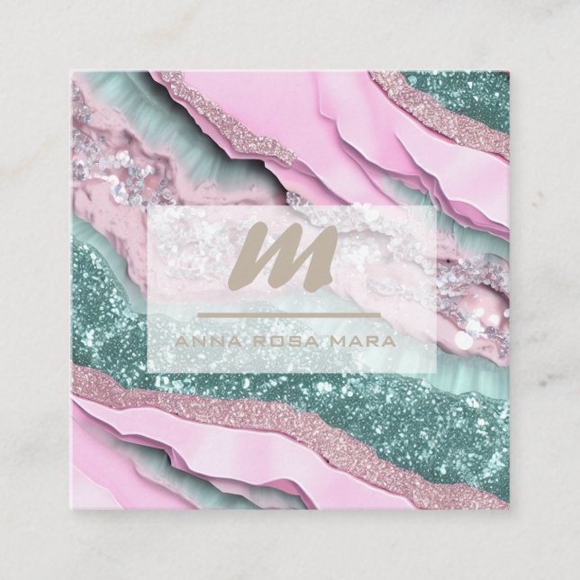 Carte De Visite Carré *~* PINK MINT QR Marble Glam Luxe Initial AP66 (Devant)