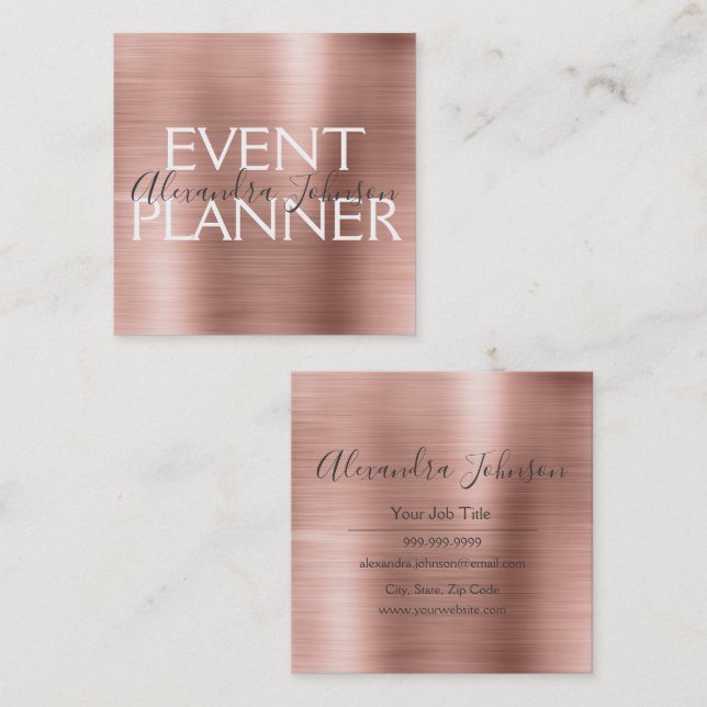 Carte De Visite Carré Pink & Rose Gold brossé Metal Event Planner (Devant / Derrière)