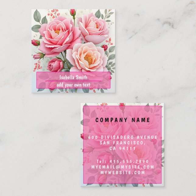 Carte De Visite Carré Pink Roses Beautiful Luxury Popular Collection (Devant / Derrière)