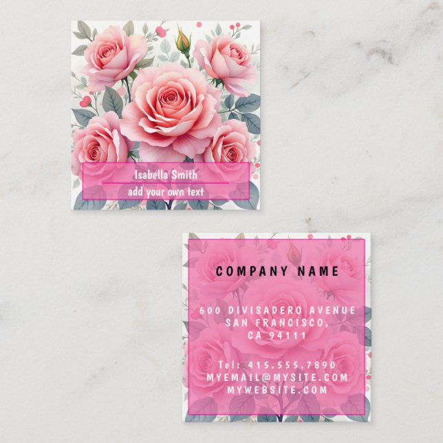 Carte De Visite Carré Pink Roses Beautiful Luxury Trendy Collection (Devant / Derrière)