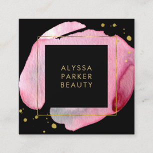 Carte De Visite Carré Pink Watercolor Gold Splash  Médias sociaux noirs