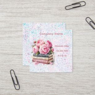 Carte De Visite Carré Pivoines roses & Livres Nouveau Chapitre