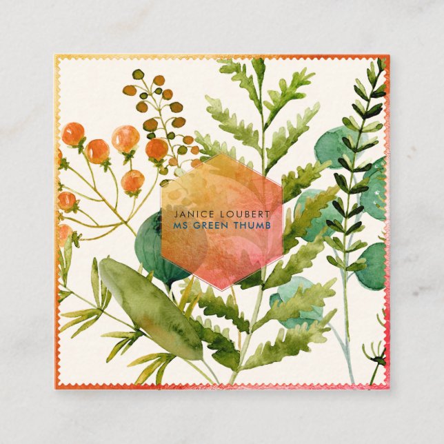 Carte De Visite Carré PixDezines Aquarelle Botanique, Poppies+Ferns (Devant)