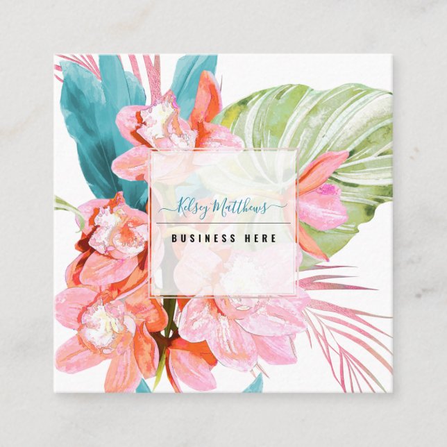 Carte De Visite Carré PixDezines Aquarelle Peach Cymbidium Orchid (Devant)