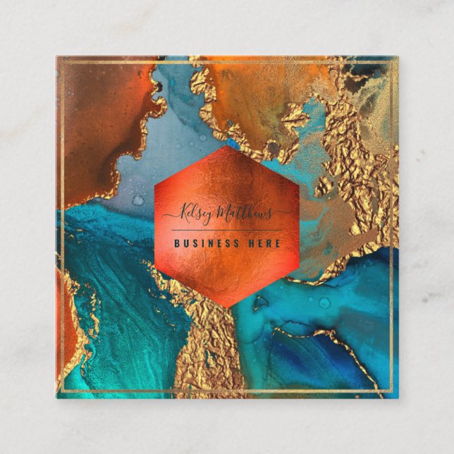 Carte De Visite Carré PixDezines Galaxy Abstrait H2 Cuivre Or Turquoise  (Devant)