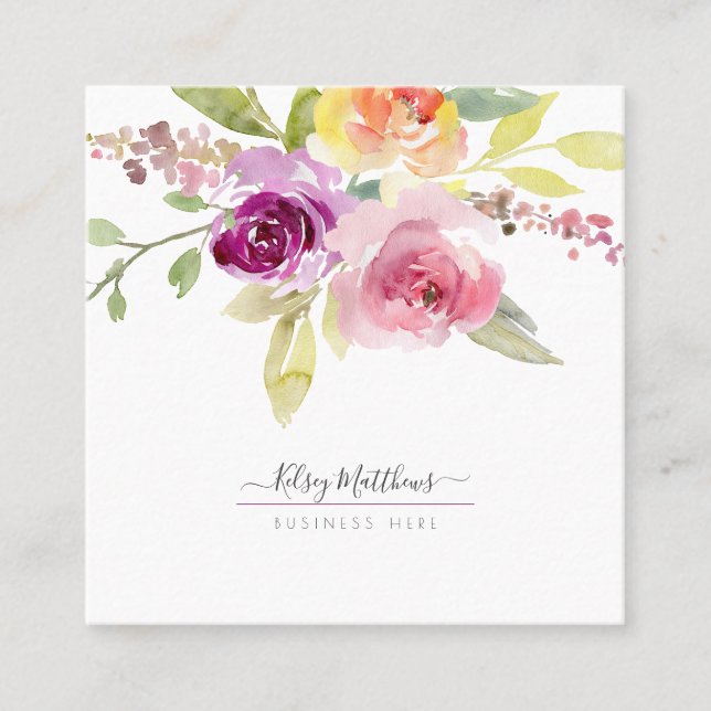 Carte De Visite Carré PixDezines Roses d'été aquarelle, Plum (Devant)