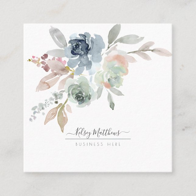 Carte De Visite Carré PixDezines Roses d'hiver aquarelle, bleu Dusty (Devant)