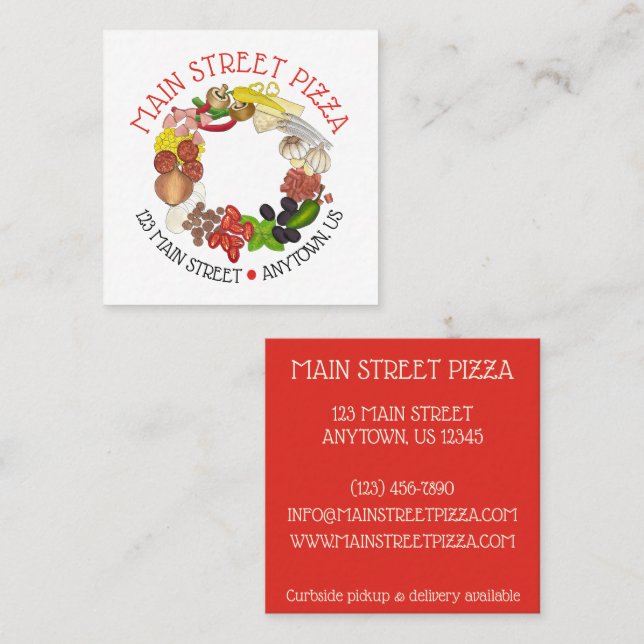 Carte De Visite Carré Pizza Toppings Restaurant italien Pizzeria (Devant / Derrière)
