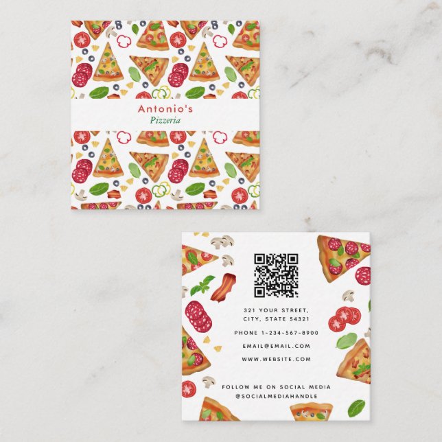 Carte De Visite Carré Pizzeria Restaurant QR Code Cuisine italienne (Devant / Derrière)
