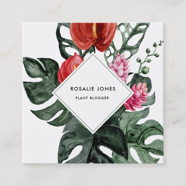 Carte De Visite Carré Place des fleurs d'aquarelle Feuille de la Monstèr (Devant)