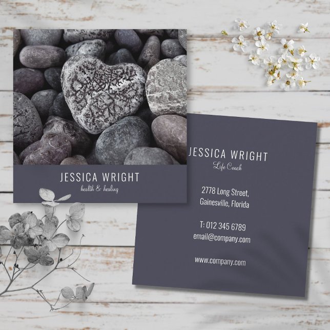 Carte De Visite Carré Plage naturelle Coeur de galets (Natural Beach Pebble Heart Square Business Card)