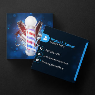 Carte De Visite Carré Pôle de Salon de Coiffure à Effet Bokeh Bleu Cisea