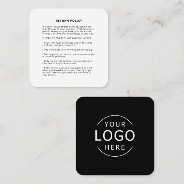 Carte De Visite Carré Politique de retour de marchandises avec votre pro (Devant / Derrière)