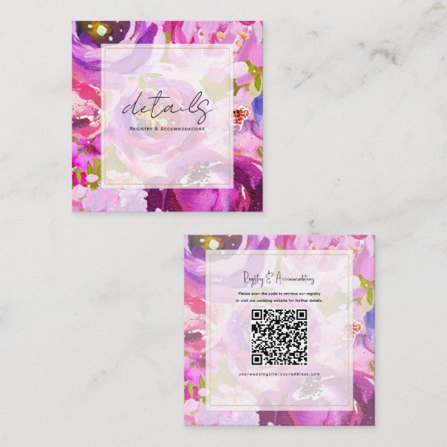 Carte De Visite Carré Pops de violet rose vibrant Floral Mariage Détails (Devant / Derrière)